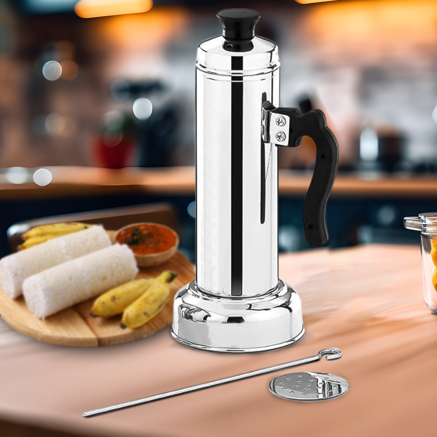 Puttu Maker with Steamer Plate, Metal Stick, Black Plastic Handle, Silver Lid, Puttu Maker Set To Use with Pressure Cooker Top, Food Grade Stainless Steel