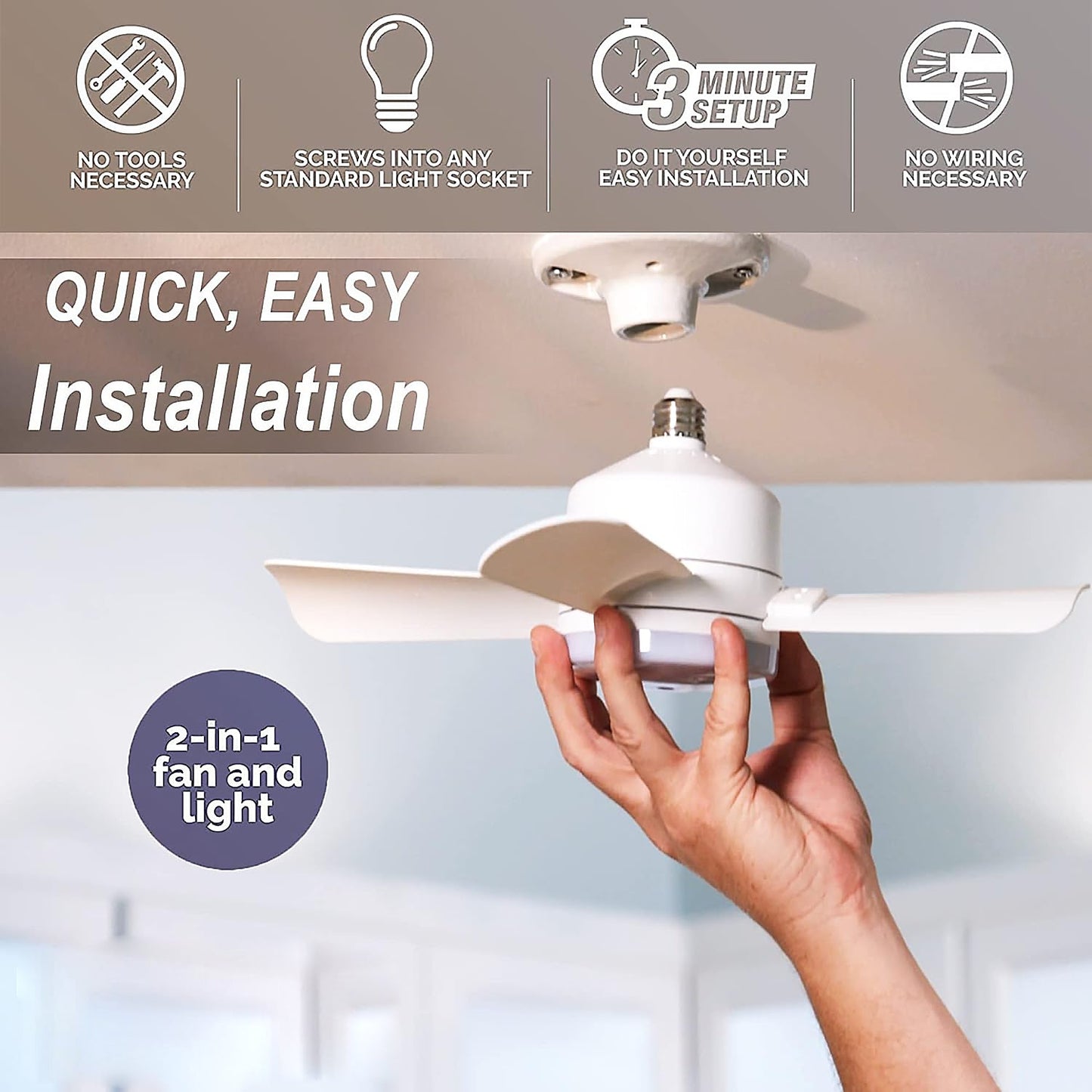 Socket Fan Light Original - Cool Light LED โ Ceiling Fans with Lights and Remote Control, Replacement for Lightbulb - Bedroom, Kitchen, Living Room,1000 Lumens / 5000 Kelvins Cool LEDs (Remote Battery Not Included)