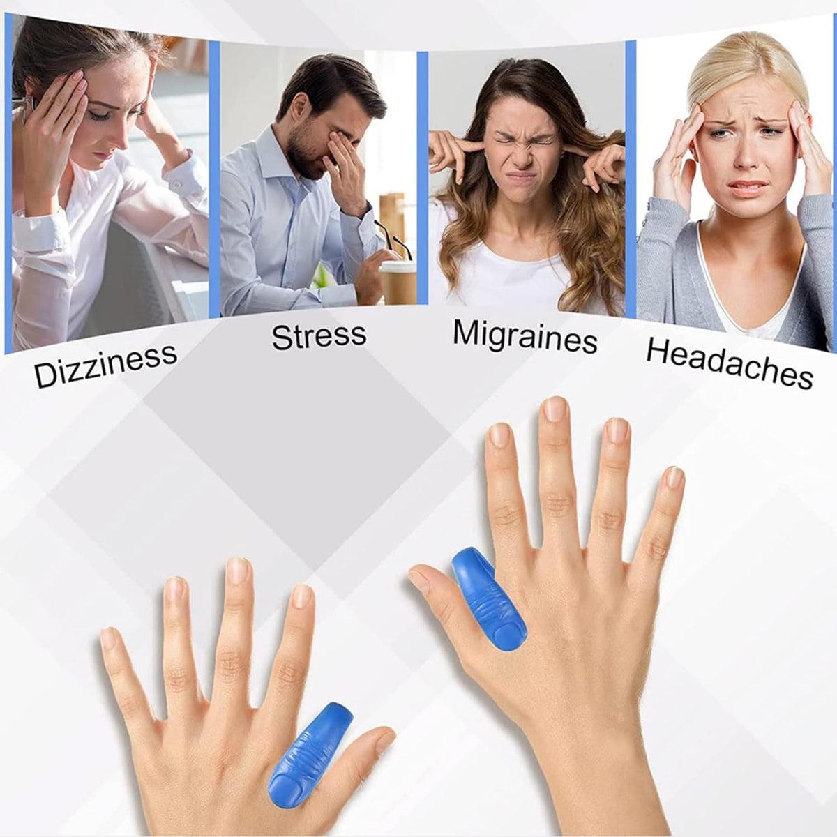 Two hands with blue acupressure clips are shown below images of people experiencing dizziness, stress, migraines, and