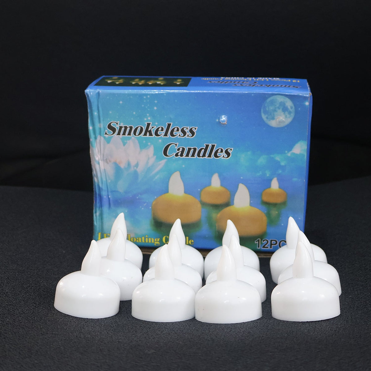 Eco-friendly smokeless LED floating lotus candles glowing warmly in glass vase
