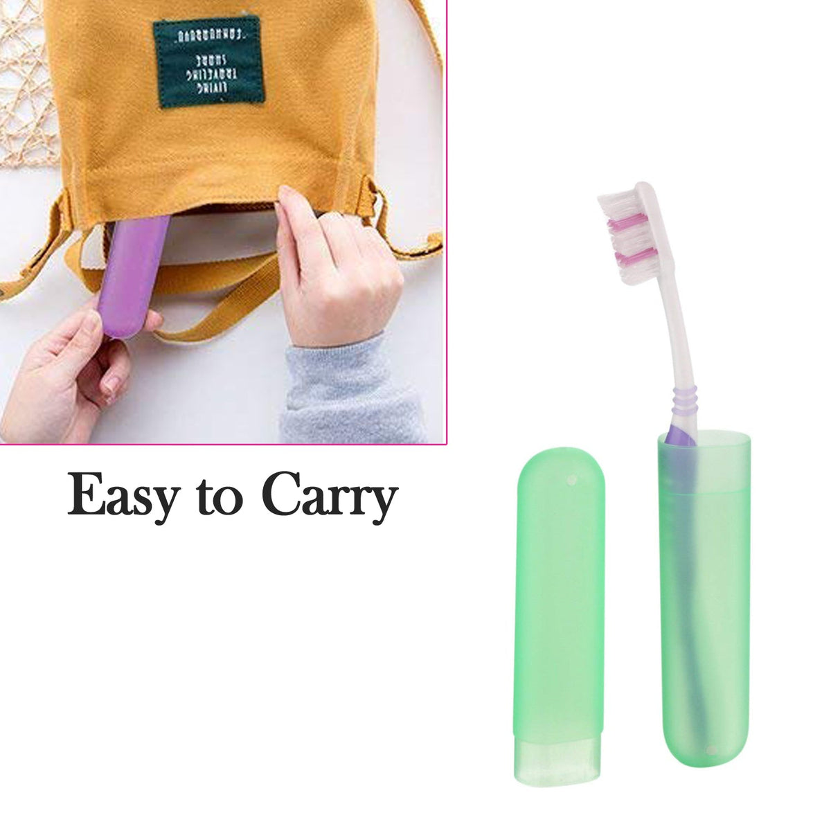 A hand places a purple toothbrush case into a yellow bag, with a green case and toothbrush shown separately on the right.