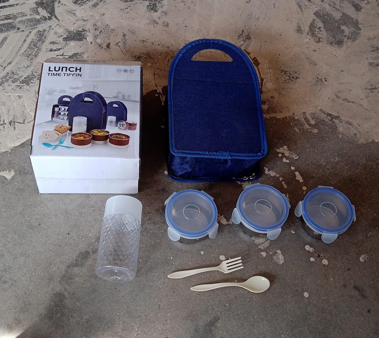 6In1 Tiffin Box-Lunch Box | 3 Stainless Steel Containers | Plastic lid Box | Spoon & Fork /Plastic Bottle | Insulated Fabric Bag | Leak Proof | Microwave Safe for Office, College and School for Men, Women (6 pcs)