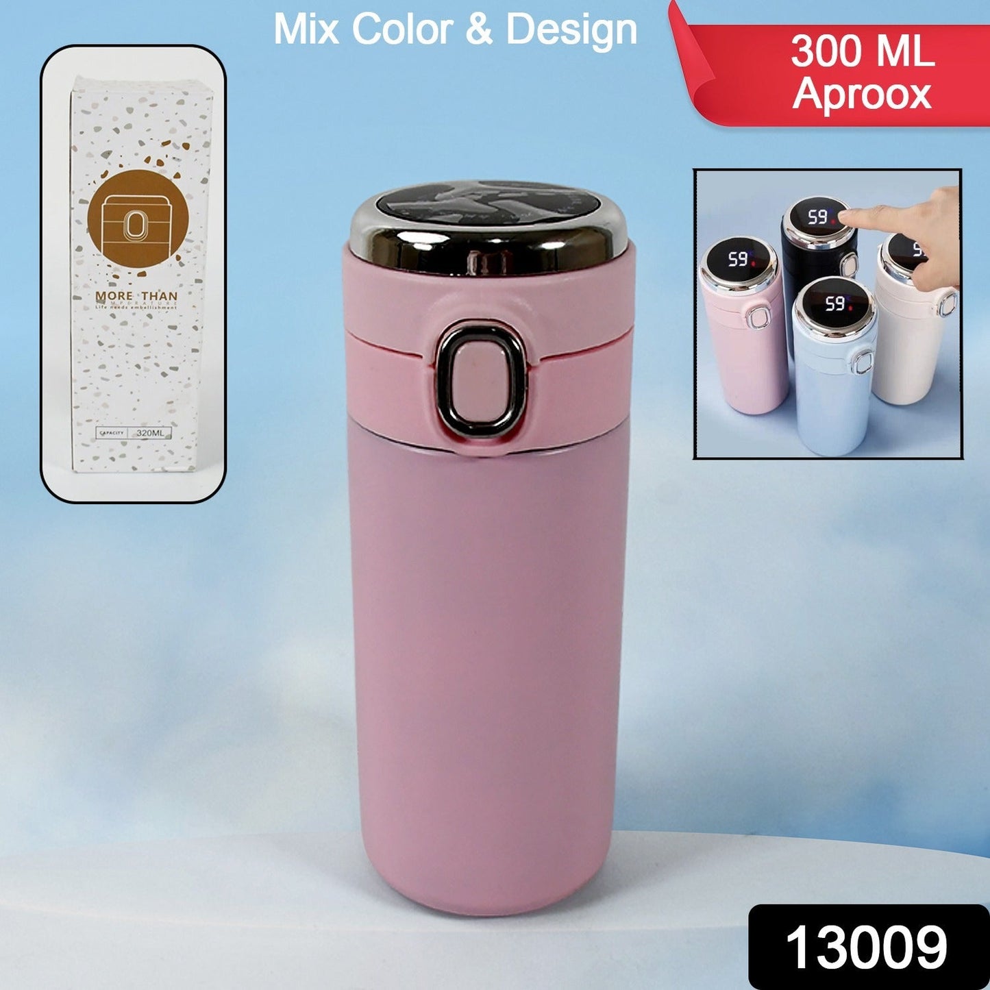 Smart Vacuum Insulated Water Bottle with LED Temperature Display, Cold & Hot | Leak Proof | Office Bottle | Gym | Home | Kitchen | Hiking | Trekking | Travel Bottle (Mix Color & Design / 300 ML Approx)