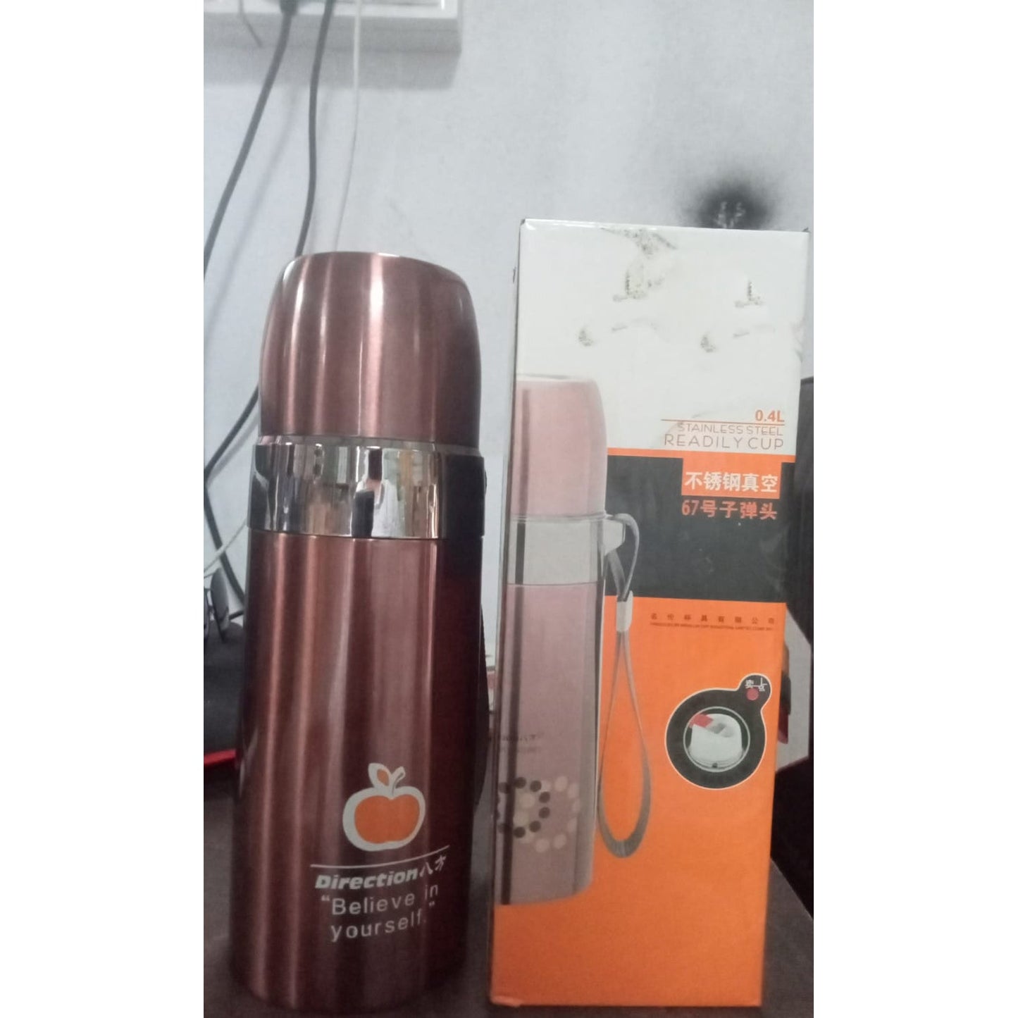 Stainless Steel Vacuum Thermos Flask, Drinking Bottles, Portable Travel Cup, with Cup Lid – Thermos for Hot & Cold Drinks or Food-Thermos for Travel, FOR OFFICE/GYM/SCHOOL (400ML)