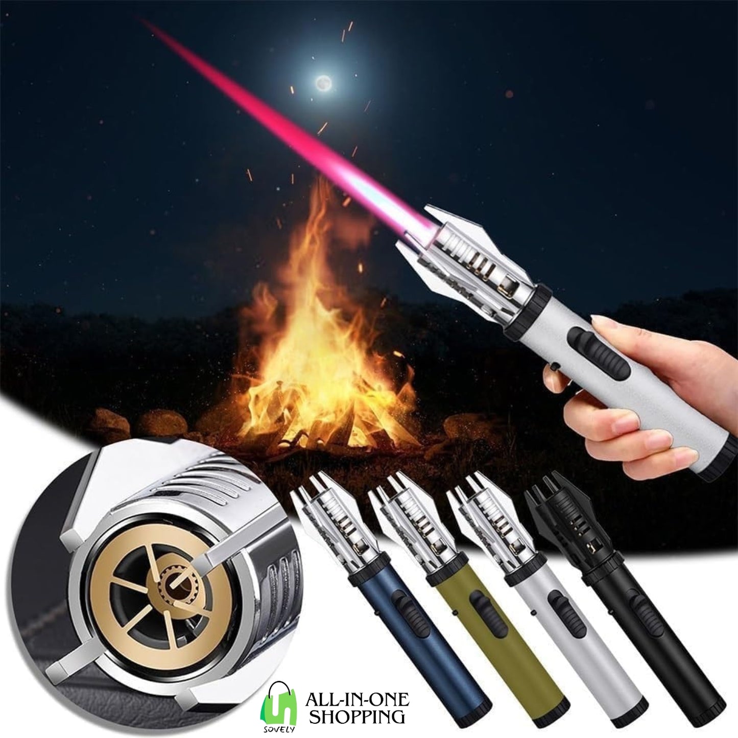 Jet Flame Lighter | Bright Fire Lighter with Safety Lock and Adjustable Red/Blue Flame | Windproof Torch Lighter for Camping & Outdoor Use