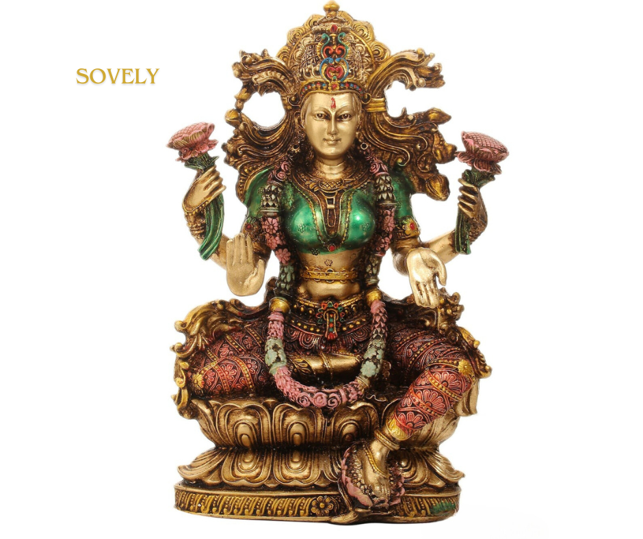 Laxmi Goddess Statue, 23cm Sitting Lakshmi Idol, Hindu Goddess of Wealth, Prosperity & Fortune, Copper Finish Lakshmi Statue for Home Decor & Gift
