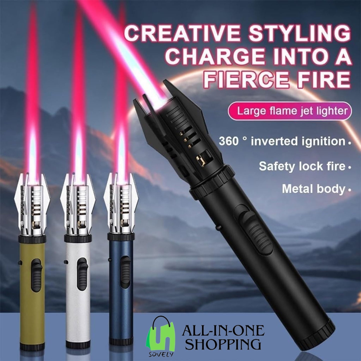 Jet Flame Lighter | Bright Fire Lighter with Safety Lock and Adjustable Red/Blue Flame | Windproof Torch Lighter for Camping & Outdoor Use