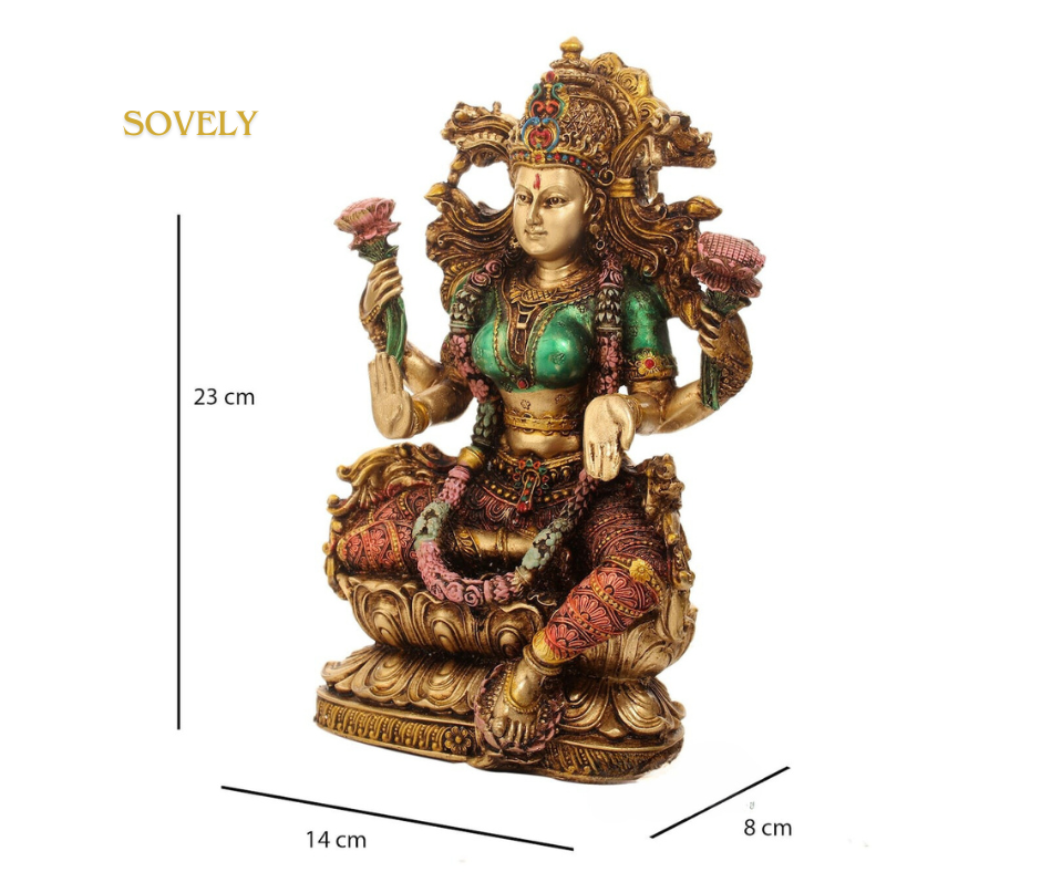 Laxmi Goddess Statue, 23cm Sitting Lakshmi Idol, Hindu Goddess of Wealth, Prosperity & Fortune, Copper Finish Lakshmi Statue for Home Decor & Gift