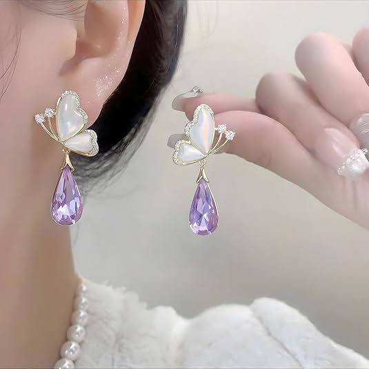 Combo Of Attractive and Stylish Water Drop Long Pearl Earrings Danglers and Butterfly Earrings Purple Crystal Rhinestone Drop Butterfly Stud Earrings for Girls Korean Earrings Pack of 2 Earrings Set