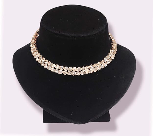 Sovely Rhinestone Crystal Choker Necklace Beautiful 2 Layered White Stone Choker Gold Plated Necklace With Earring For Women And Girls Jewellery Set, Classic Style Cubic Zirconia Studded