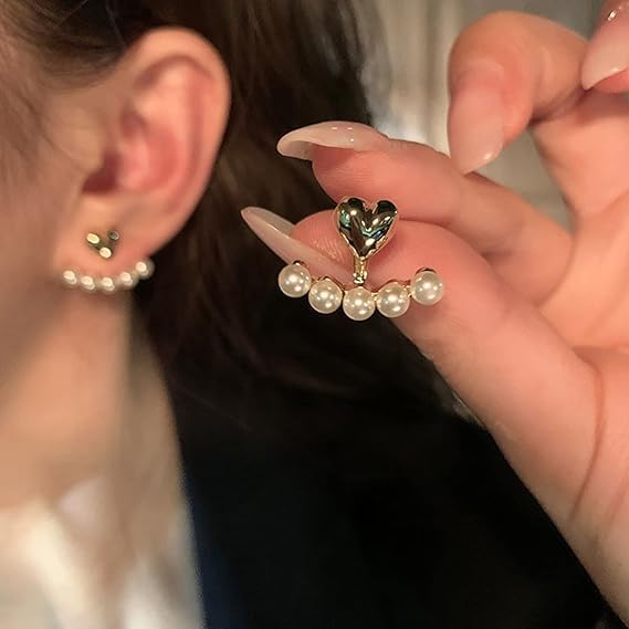 Combo Of Attractive and Stylish Water Drop Long Pearl Earrings Danglers and Gold Tone White Pearls Small Heart Ear Jacket Fashion Ear Stud Earrings For Women Girls Faux Pearl Love Heart Ear Studs