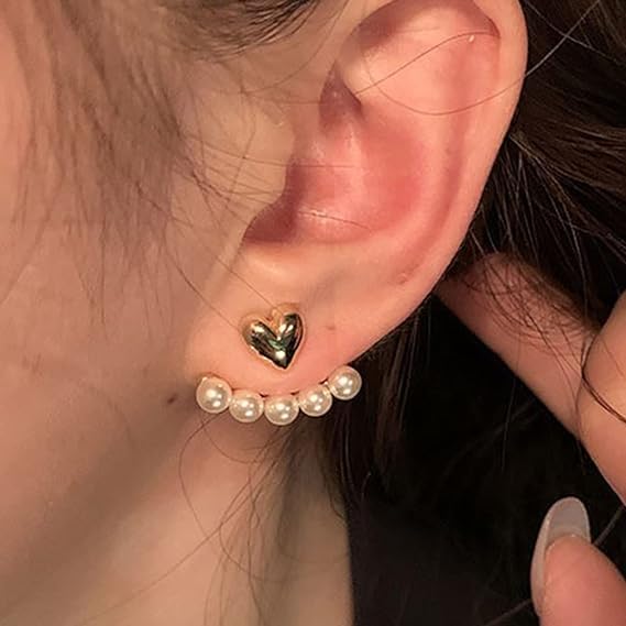 Combo Of Attractive and Stylish Water Drop Long Pearl Earrings Danglers and Gold Tone White Pearls Small Heart Ear Jacket Fashion Ear Stud Earrings For Women Girls Faux Pearl Love Heart Ear Studs