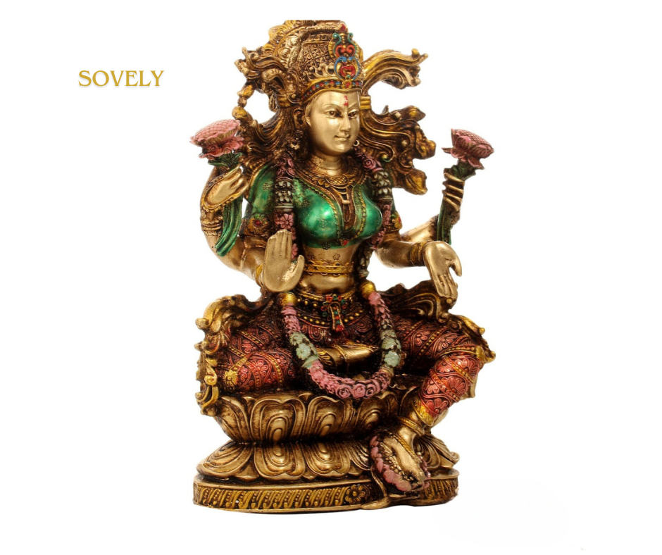 Laxmi Goddess Statue, 23cm Sitting Lakshmi Idol, Hindu Goddess of Wealth, Prosperity & Fortune, Copper Finish Lakshmi Statue for Home Decor & Gift