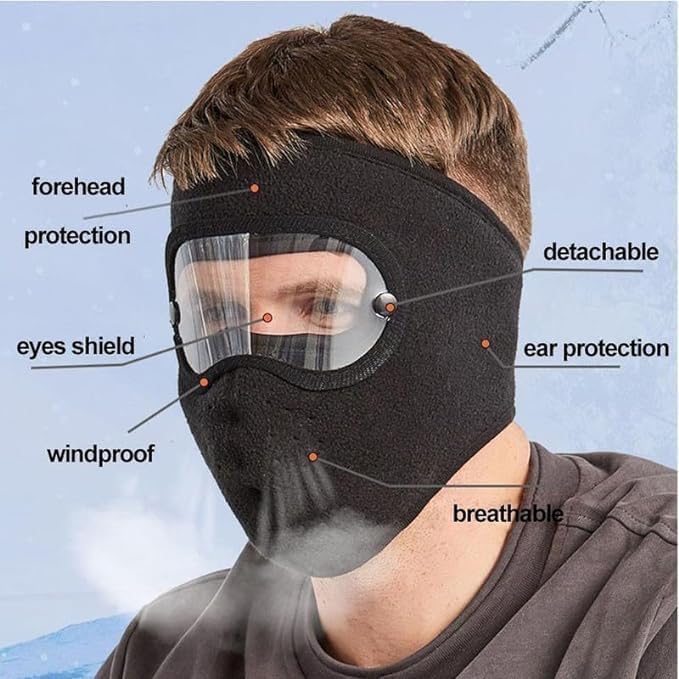 Unisex Winter Face Mask Full Protection Windproof Breathable Warm Fleece with Goggles Removable Lens