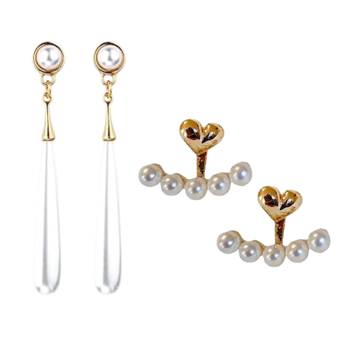 Combo Of Attractive and Stylish Water Drop Long Pearl Earrings Danglers and Gold Tone White Pearls Small Heart Ear Jacket Fashion Ear Stud Earrings For Women Girls Faux Pearl Love Heart Ear Studs