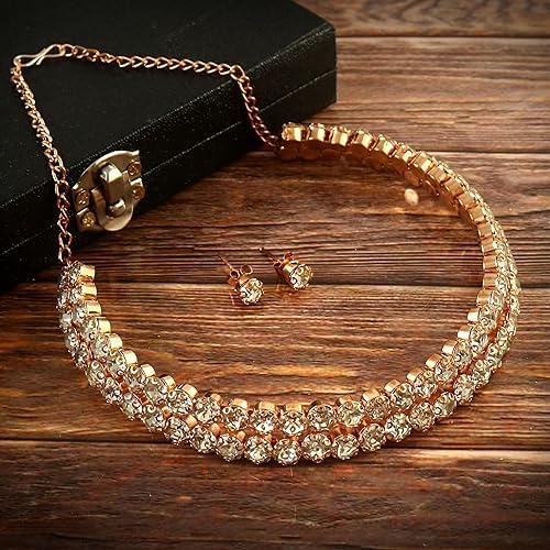 Sovely Rhinestone Crystal Choker Necklace Beautiful 2 Layered White Stone Choker Gold Plated Necklace With Earring For Women And Girls Jewellery Set, Classic Style Cubic Zirconia Studded