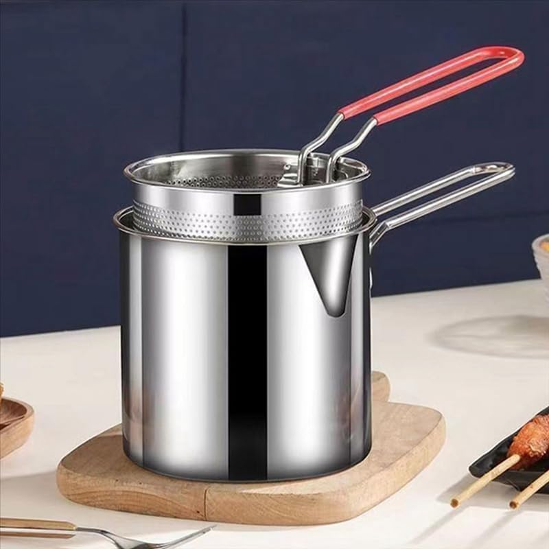 Small Deep Frying Pot with Strainer Basket - 1200ml Stainless Steel Pan with Handle Ideal for Frying French Fries, Chicken Wings, Shrimp, Fish, Boiling Butter, and Pasta