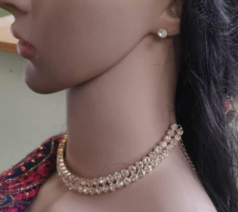 Sovely Rhinestone Crystal Choker Necklace Beautiful 2 Layered White Stone Choker Gold Plated Necklace With Earring For Women And Girls Jewellery Set, Classic Style Cubic Zirconia Studded