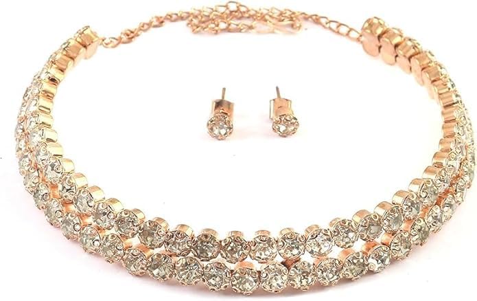 Sovely Rhinestone Crystal Choker Necklace Beautiful 2 Layered White Stone Choker Gold Plated Necklace With Earring For Women And Girls Jewellery Set, Classic Style Cubic Zirconia Studded