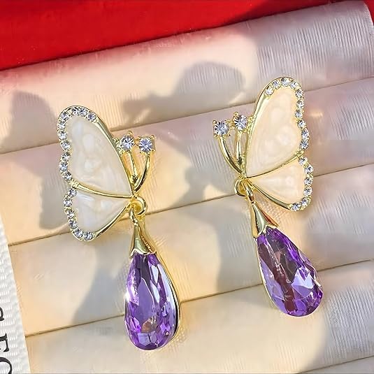 Combo Of Pearl Drop Earrings For Women Fashion Earrings Gold Toned Crystal Pearls Earrings Butterfly Earrings Purple Crystal Rhinestone Drop Butterfly Stud Earrings for Girls
