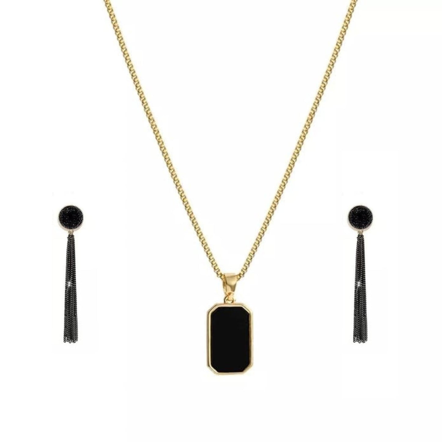 SOVELY Sparkly Black Resin Druzy Stone Tassel Earrings & Golden Black Anti-Tarnish Statement Neckpiece for Women Girls – Long Dangle Drop Earrings and Charm Jewelry Set