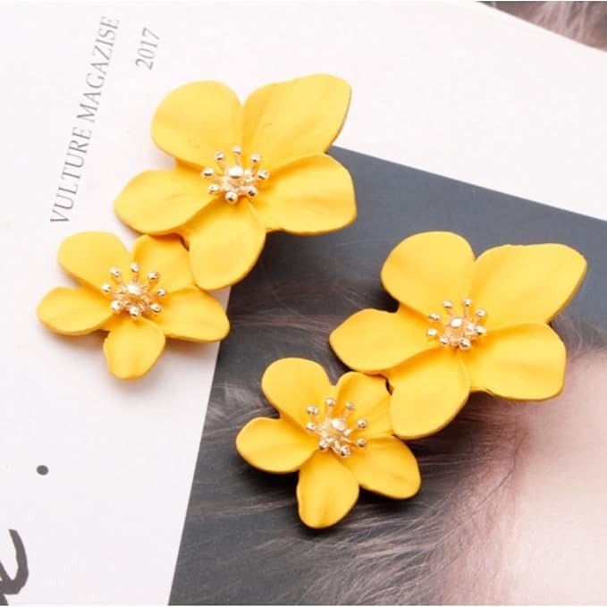 Combo Earrings Petals Drop Earrings Yellow Flower Design Drop Earrings, Vintage Retro Style Large Fashion Ear Stud Earrings Ring Buckle Earrings for Women & Girls Pack of 2 Pair Earrings Set