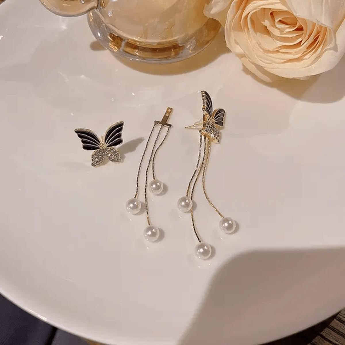 Combo Earrings Set Tassel Black Earrings Butterfly Earrings with Pearls love Rhinestone Drop Earrings Stud Jewelry Gift for Women Girls Pack of 2 for Office, Party, Casual
