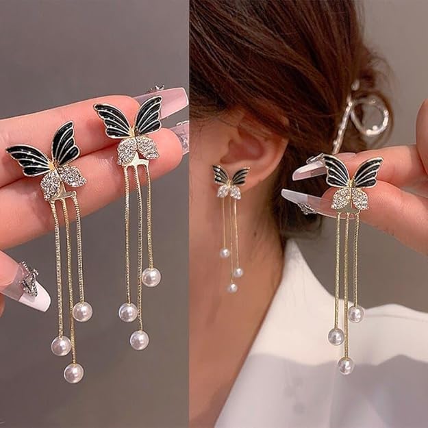 Combo Earrings Set Tassel Black Earrings Butterfly Earrings with Pearls love Rhinestone Drop Earrings Stud Jewelry Gift for Women Girls Pack of 2 for Office, Party, Casual