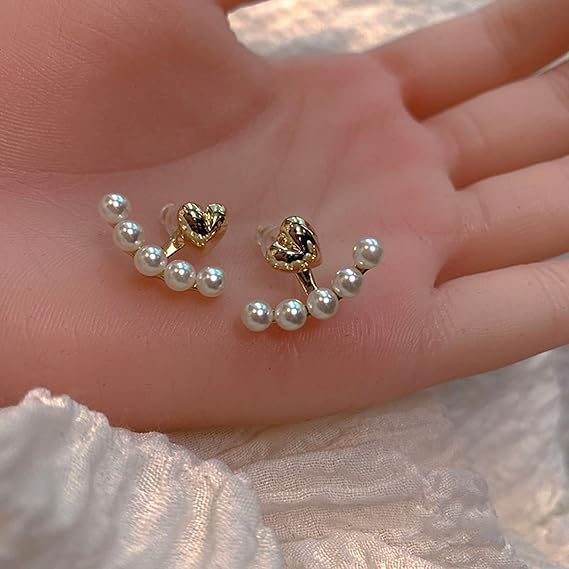 Combo Of Attractive and Stylish Water Drop Long Pearl Earrings Danglers and Gold Tone White Pearls Small Heart Ear Jacket Fashion Ear Stud Earrings For Women Girls Faux Pearl Love Heart Ear Studs