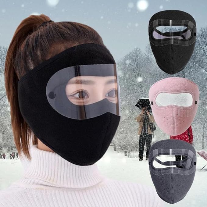 Unisex Winter Face Mask Full Protection Windproof Breathable Warm Fleece with Goggles Removable Lens