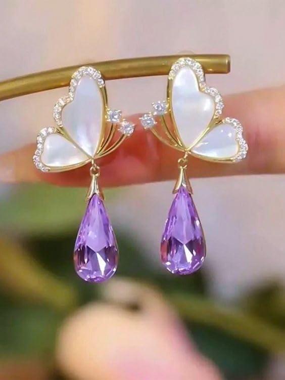 Combo Of Pearl Drop Earrings For Women Fashion Earrings Gold Toned Crystal Pearls Earrings Butterfly Earrings Purple Crystal Rhinestone Drop Butterfly Stud Earrings for Girls