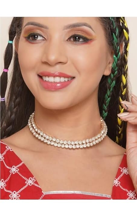 Sovely Rhinestone Crystal Choker Necklace Beautiful 2 Layered White Stone Choker Gold Plated Necklace With Earring For Women And Girls Jewellery Set, Classic Style Cubic Zirconia Studded