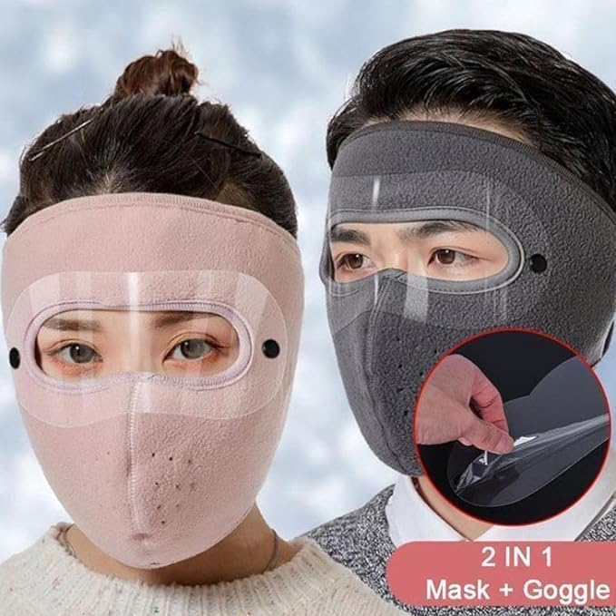 Unisex Winter Face Mask Full Protection Windproof Breathable Warm Fleece with Goggles Removable Lens