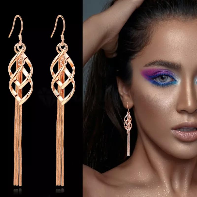 Combo Korean Minimalist Stud Hoop Earrings and Rose Gold Long Earrings Hanging 925 Drop Hypoallergenic Drop Dangle Chain Earrings Suitable for Office Wear, Fashion Earrings Black Bow Casual Party