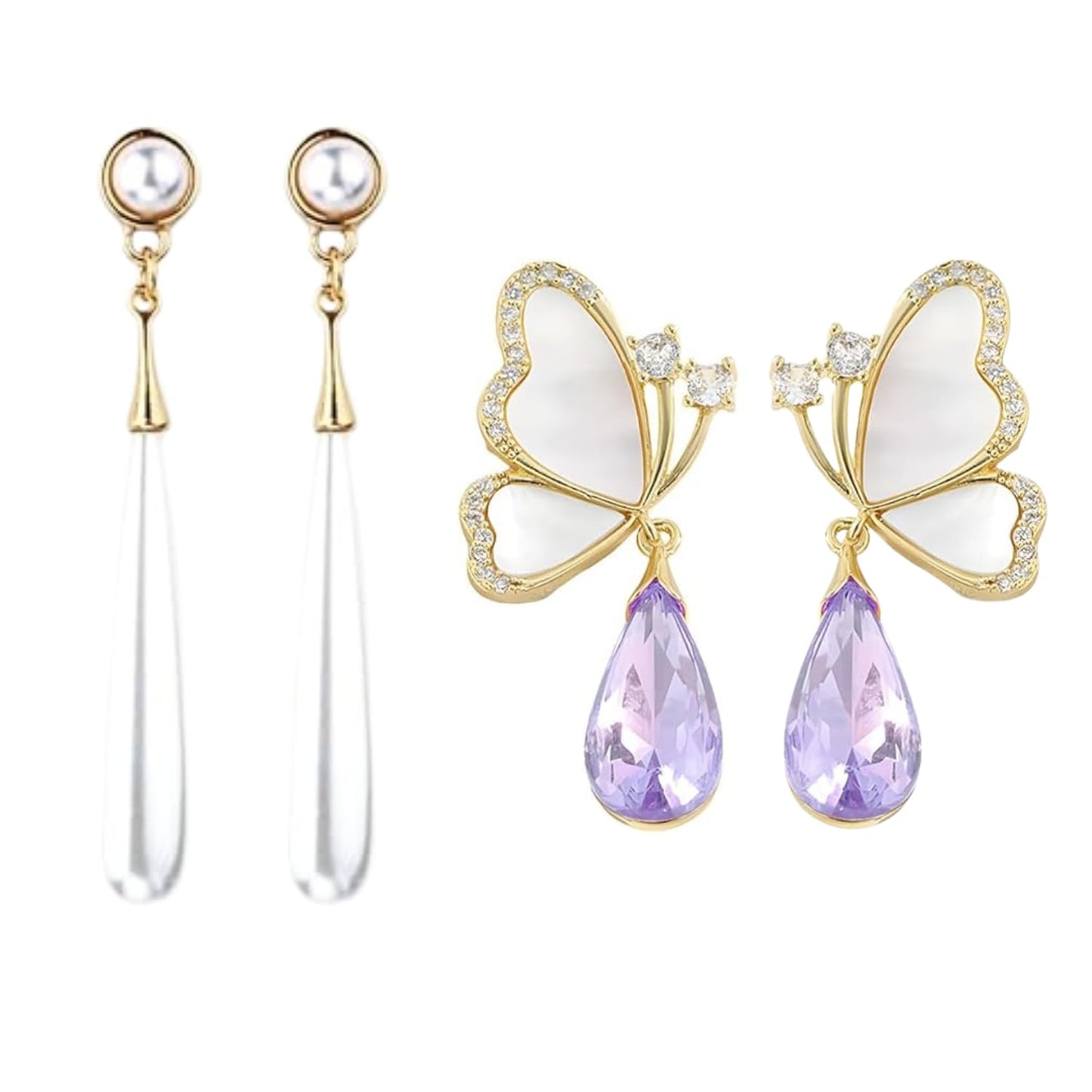 Combo Of Attractive and Stylish Water Drop Long Pearl Earrings Danglers and Butterfly Earrings Purple Crystal Rhinestone Drop Butterfly Stud Earrings for Girls Korean Earrings Pack of 2 Earrings Set