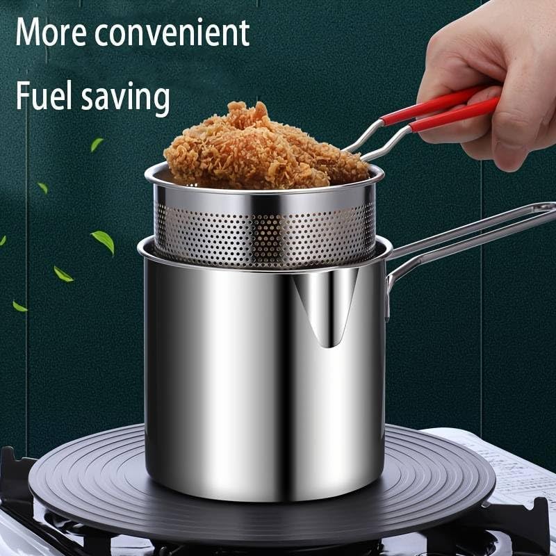 Small Deep Frying Pot with Strainer Basket - 1200ml Stainless Steel Pan with Handle Ideal for Frying French Fries, Chicken Wings, Shrimp, Fish, Boiling Butter, and Pasta