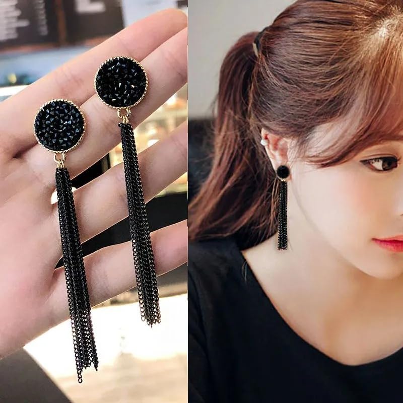 SOVELY Sparkly Black Resin Druzy Stone Tassel Earrings & Golden Black Anti-Tarnish Statement Neckpiece for Women Girls – Long Dangle Drop Earrings and Charm Jewelry Set