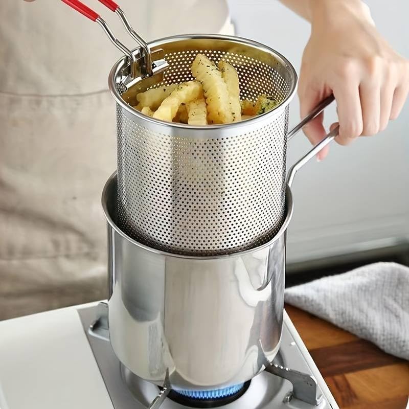 Small Deep Frying Pot with Strainer Basket - 1200ml Stainless Steel Pan with Handle Ideal for Frying French Fries, Chicken Wings, Shrimp, Fish, Boiling Butter, and Pasta