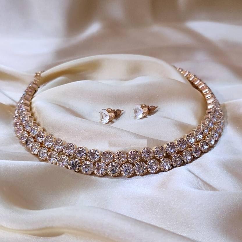 Sovely Rhinestone Crystal Choker Necklace Beautiful 2 Layered White Stone Choker Gold Plated Necklace With Earring For Women And Girls Jewellery Set, Classic Style Cubic Zirconia Studded