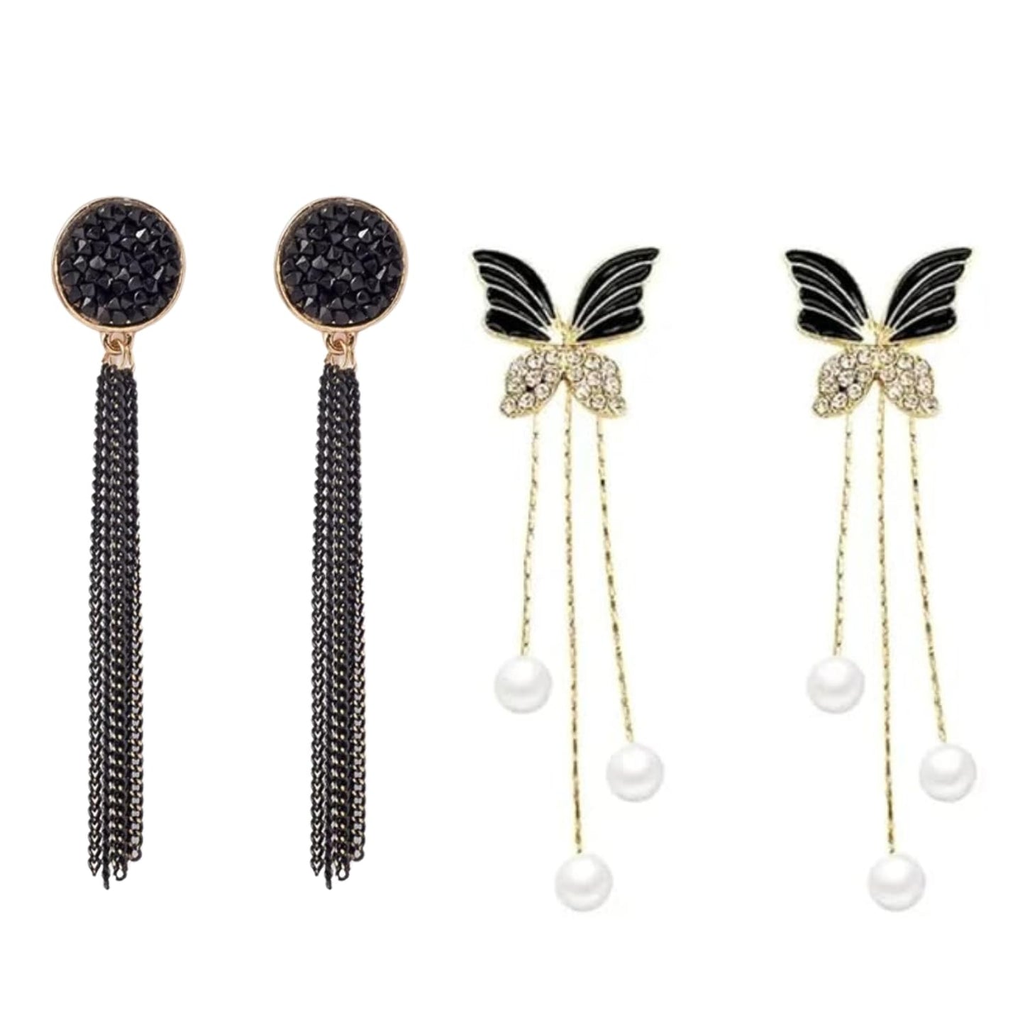 Combo Earrings Set Tassel Black Earrings Butterfly Earrings with Pearls love Rhinestone Drop Earrings Stud Jewelry Gift for Women Girls Pack of 2 for Office, Party, Casual