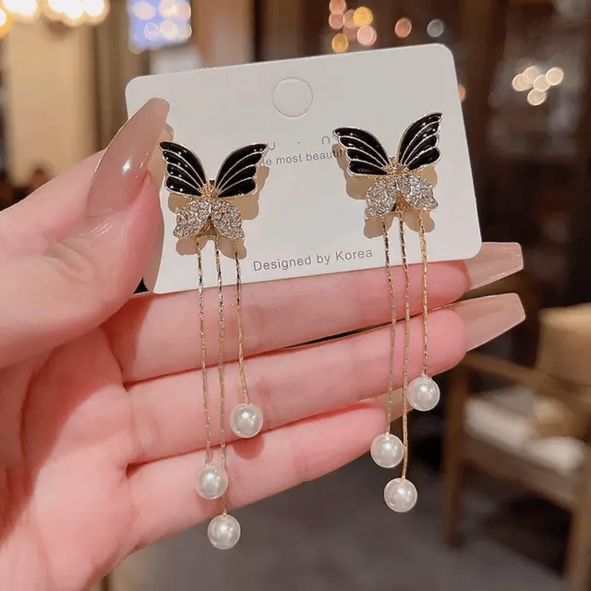 Combo Earrings Set Tassel Black Earrings Butterfly Earrings with Pearls love Rhinestone Drop Earrings Stud Jewelry Gift for Women Girls Pack of 2 for Office, Party, Casual