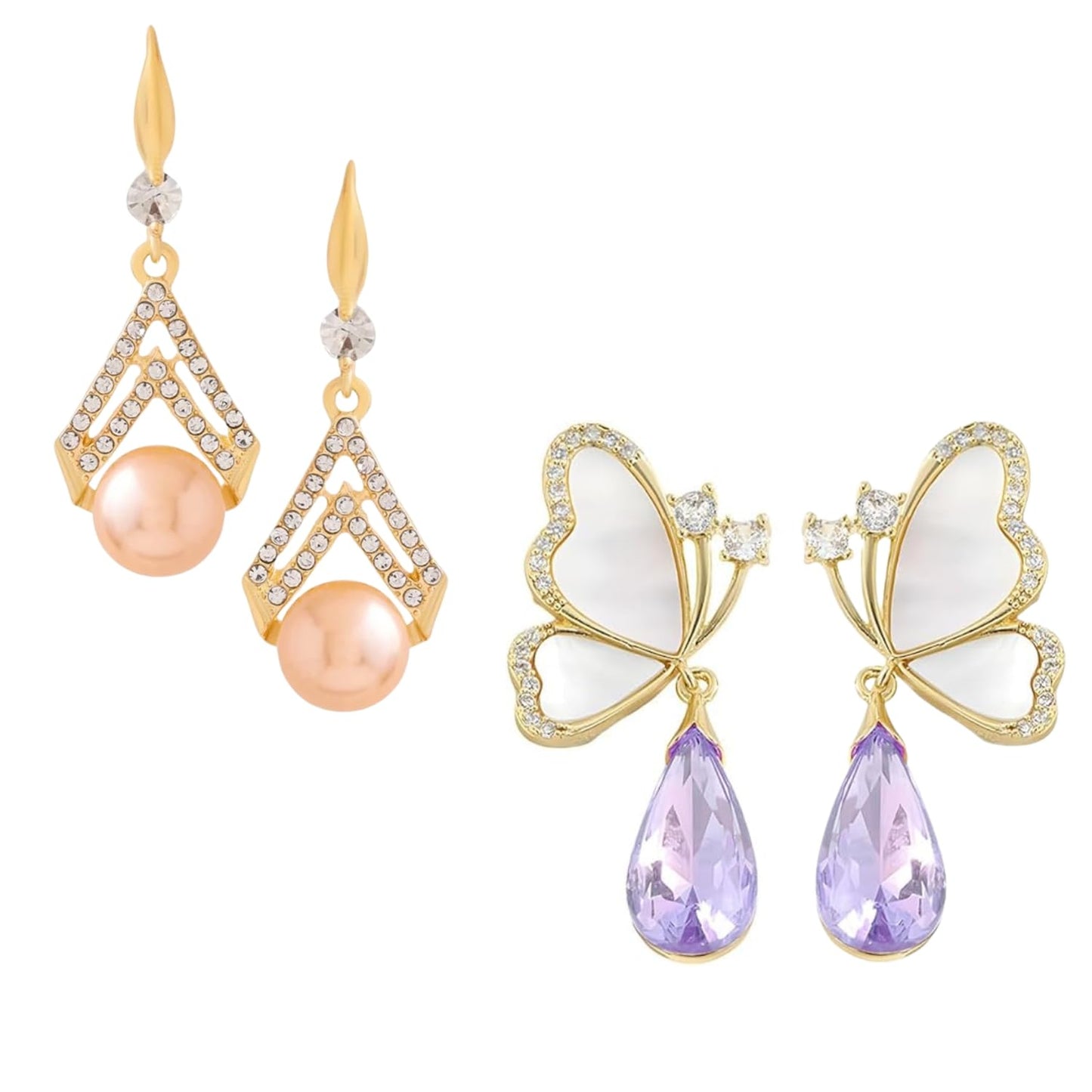 Combo Of Pearl Drop Earrings For Women Fashion Earrings Gold Toned Crystal Pearls Earrings Butterfly Earrings Purple Crystal Rhinestone Drop Butterfly Stud Earrings for Girls