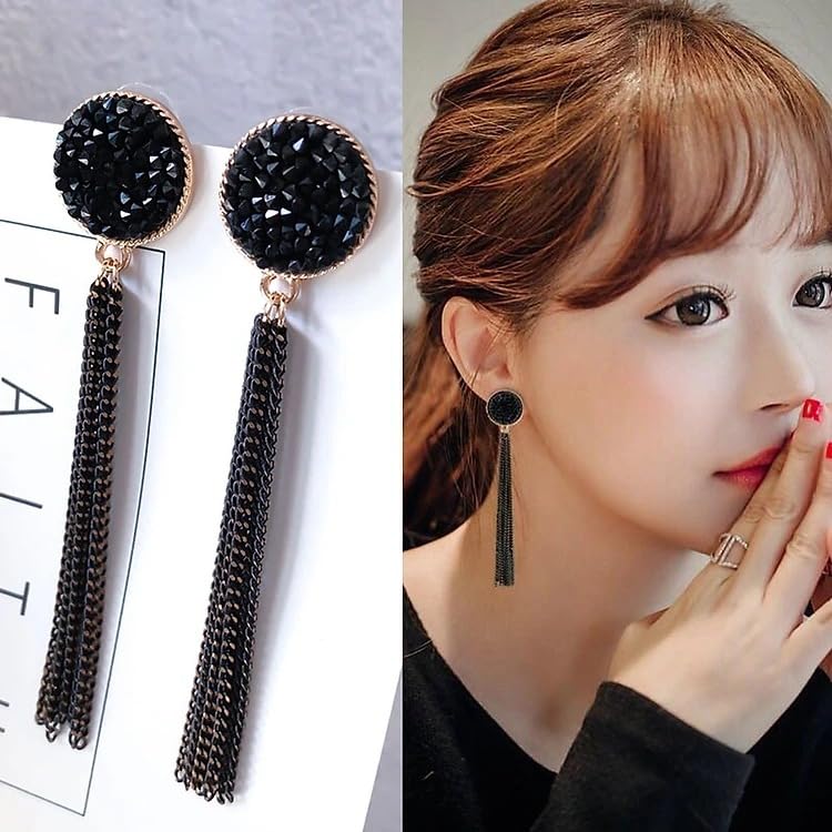 Combo Earrings Set Tassel Black Earrings Butterfly Earrings with Pearls love Rhinestone Drop Earrings Stud Jewelry Gift for Women Girls Pack of 2 for Office, Party, Casual