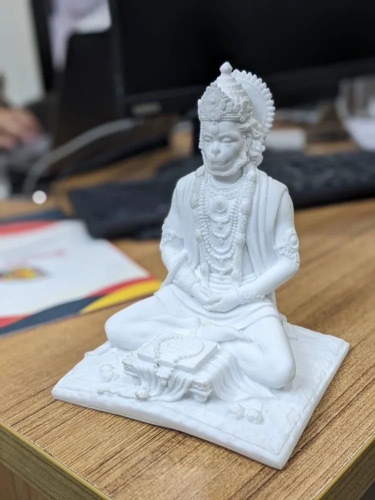 White Marble Hanuman Sitting Statue with gada Reading Ramayan Ram Bhakt Hanuman Murti For Pooja Ghar Office Temple Decorative Showpiece Bala Ji Murti Sankat Mochan Hanuman Ji - 16 × 14 × 21 cm
