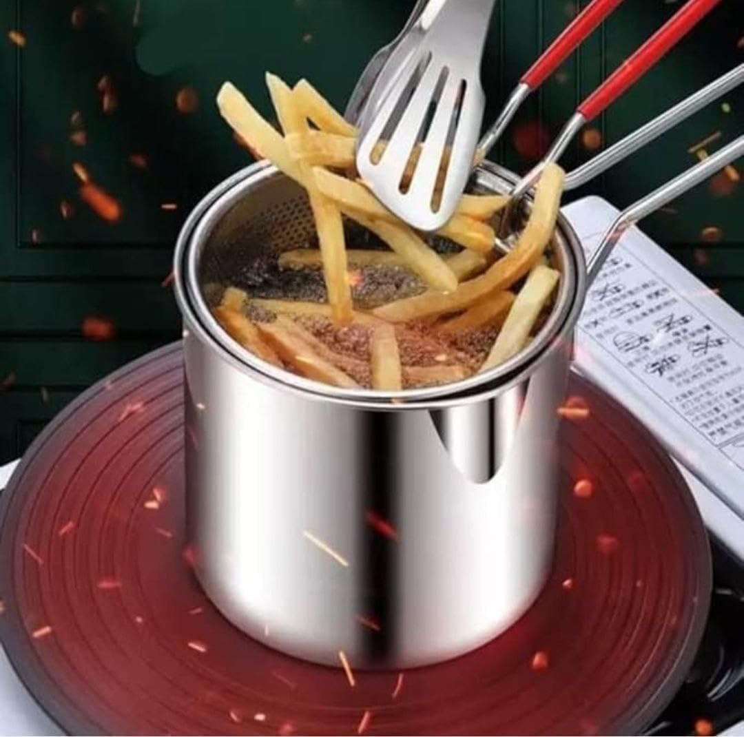 Small Deep Frying Pot with Strainer Basket - 1200ml Stainless Steel Pan with Handle Ideal for Frying French Fries, Chicken Wings, Shrimp, Fish, Boiling Butter, and Pasta