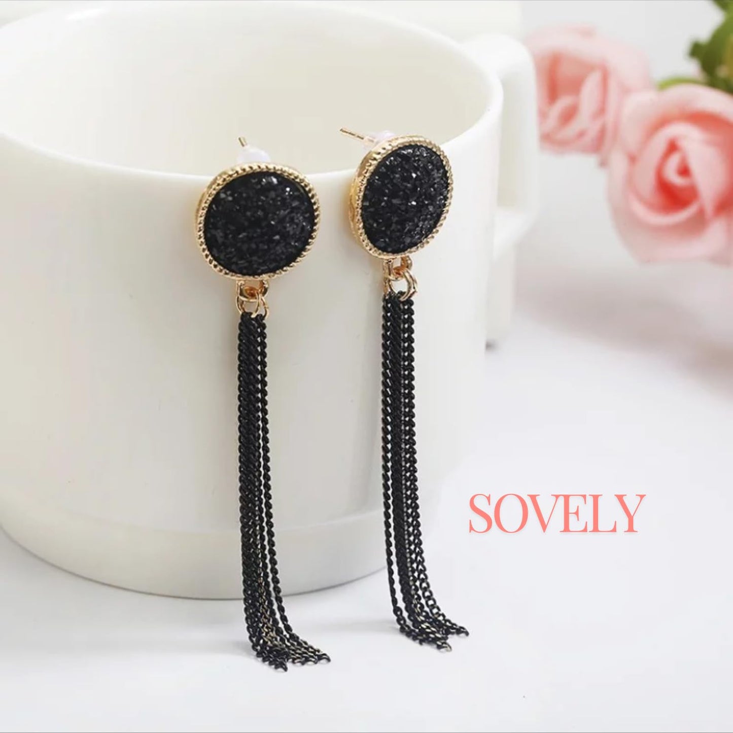 SOVELY Sparkly Black Resin Druzy Stone Tassel Earrings & Golden Black Anti-Tarnish Statement Neckpiece for Women Girls – Long Dangle Drop Earrings and Charm Jewelry Set