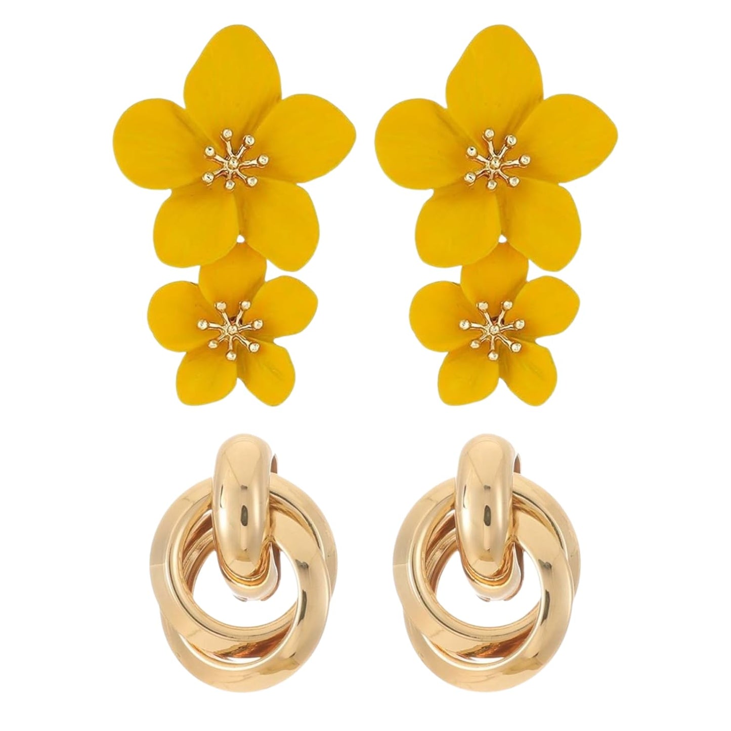 Combo Earrings Petals Drop Earrings Yellow Flower Design Drop Earrings, Vintage Retro Style Large Fashion Ear Stud Earrings Ring Buckle Earrings for Women & Girls Pack of 2 Pair Earrings Set