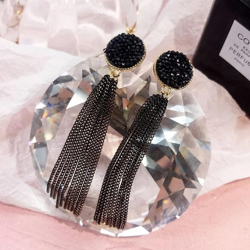 SOVELY Sparkly Black Resin Druzy Stone Tassel Earrings & Golden Black Anti-Tarnish Statement Neckpiece for Women Girls – Long Dangle Drop Earrings and Charm Jewelry Set