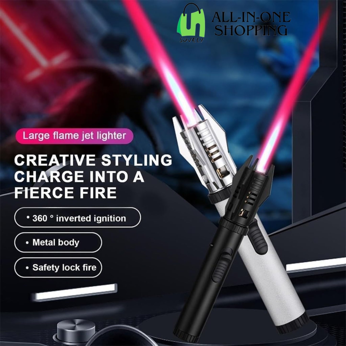 Jet Flame Lighter | Bright Fire Lighter with Safety Lock and Adjustable Red/Blue Flame | Windproof Torch Lighter for Camping & Outdoor Use