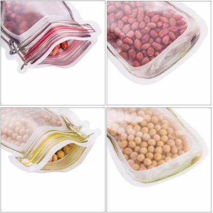Four close-up views of jar-shaped pouches filled with peanuts, soybeans, and other small items.